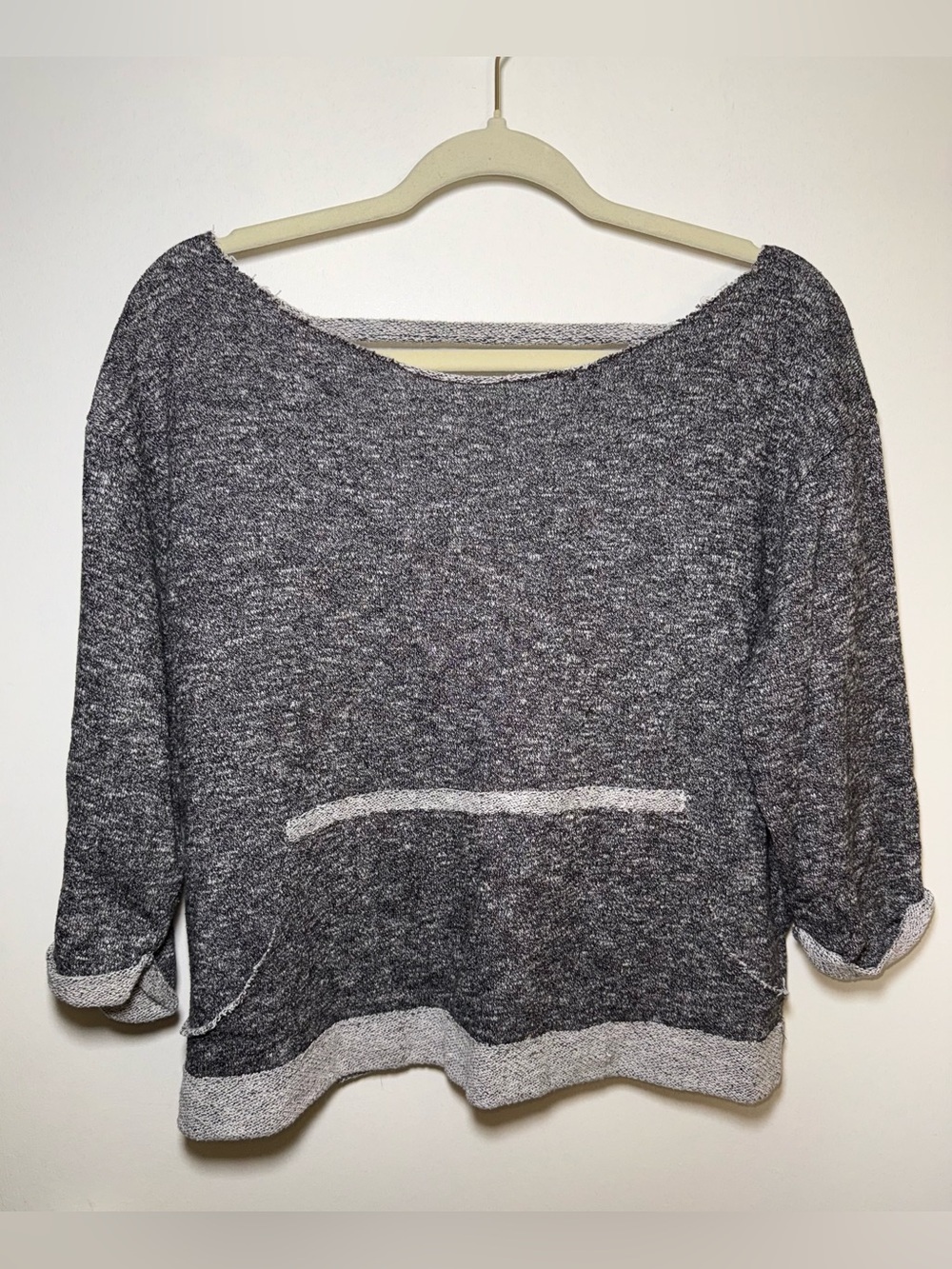 Bobi Los Angeles Gray Heathered Terry Pullover Sweater 3/4 Sleeve Raw Hem SZ M